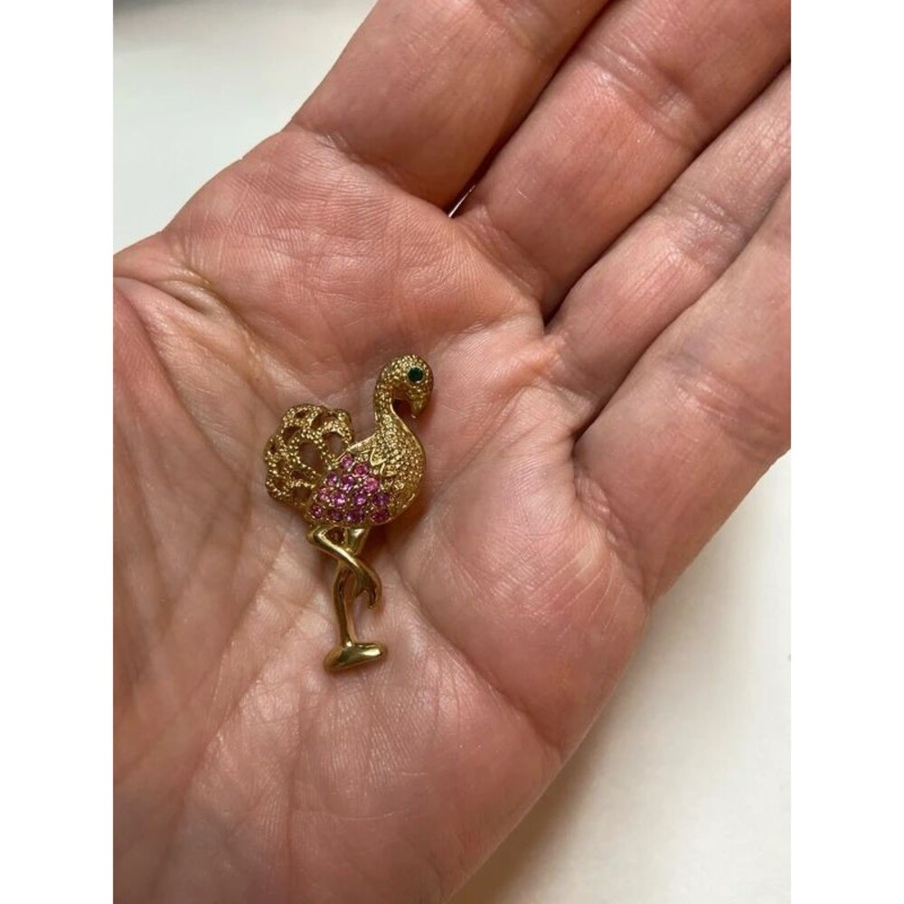 Costume jewelry goldstone pink flamingo rhinestone brooch